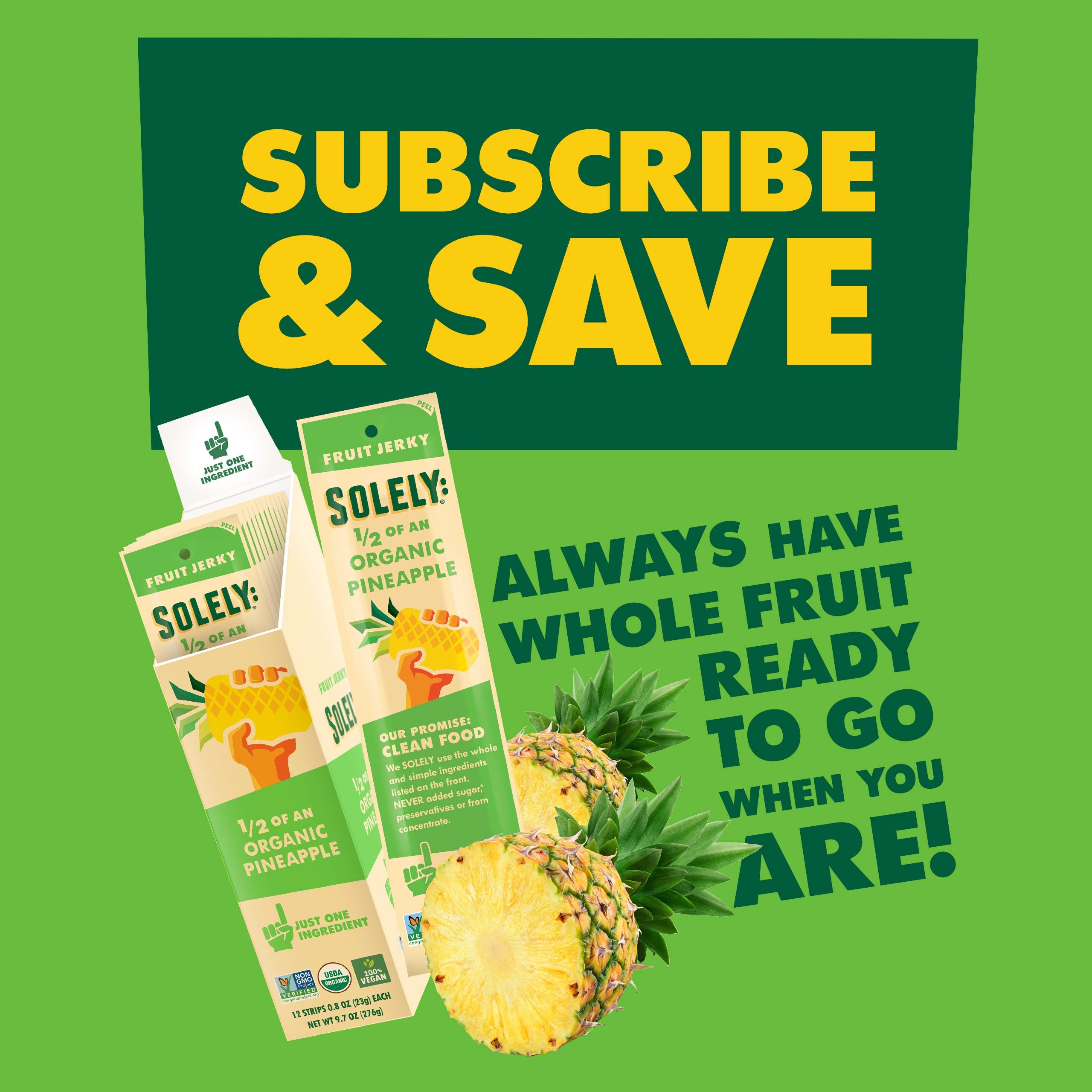 SOLELY Organic Pineapple Fruit Jerky, 12 Strips | One Ingredient | Vegan | Non-GMO | Gluten-Free | No Sugar Added (7743805554926)